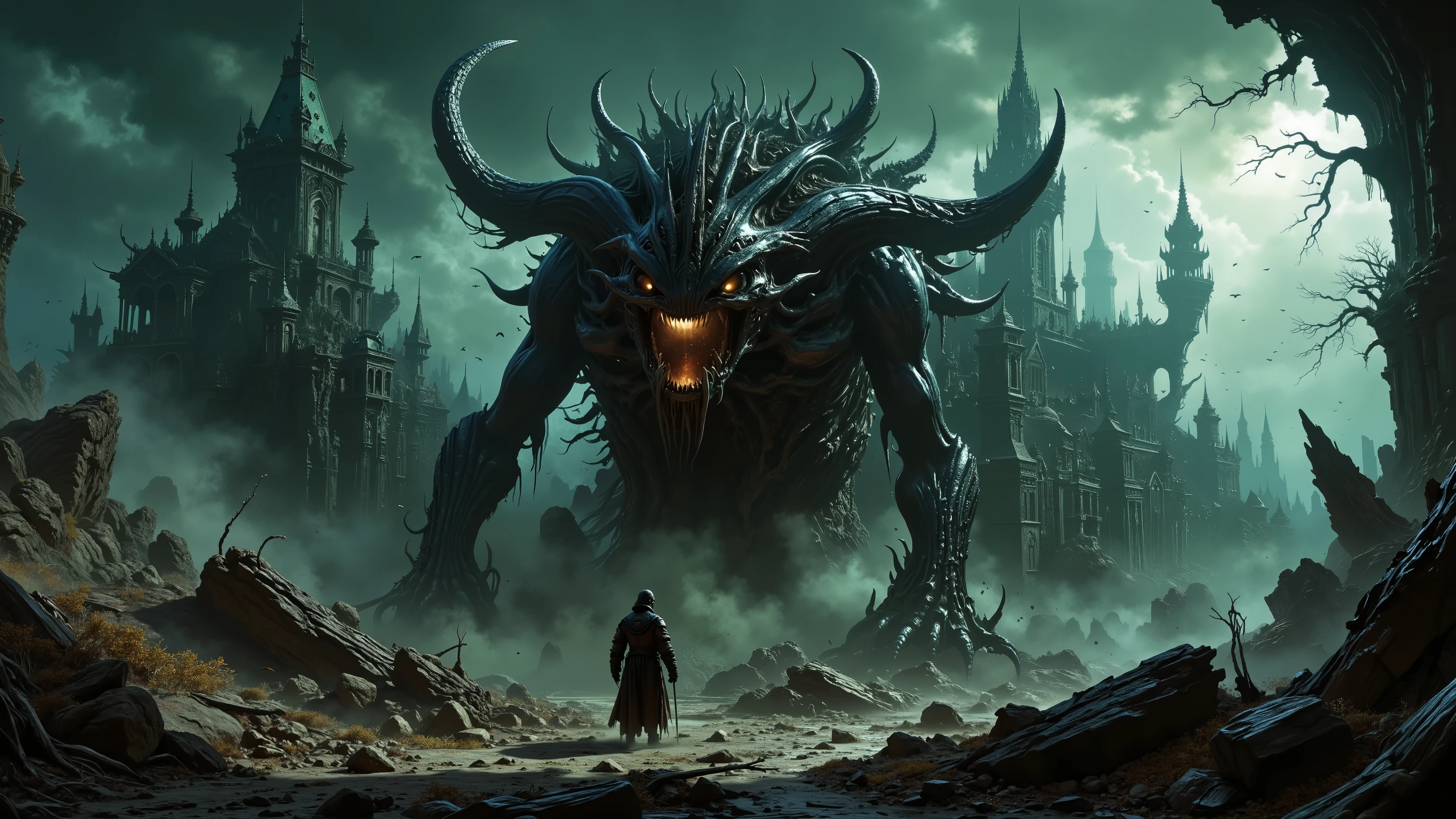 Close-up of a creepy monster in frame with a castle in the background, Symmetrical epic fantasy art, Dark Fantasy Artのスタイル, Horned God, Dark Fantasy Art, William H.. Pon Cup, an ominous fantasy illustration, Diablo digital concept art, dark fantasy illustration, Ultra-realistic fantasy monsters, Dark fantasy art, Demon King