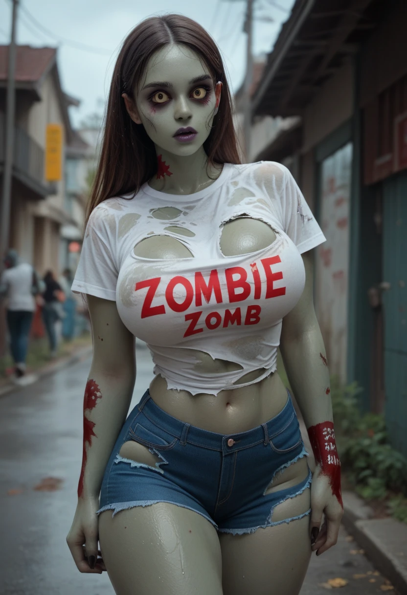 imagem de alta qualidade, Extremamente Detalhada, (female zombie:1.5),(ribs out:1.2), usando jeans surrado, (pele exposta):1.5, (corpo extremamente machucado) , Muscles, viscera, olhos amarelos, peitos grande, cintura fina, Linda, sozinha, in an apocalyptic city full of zombies