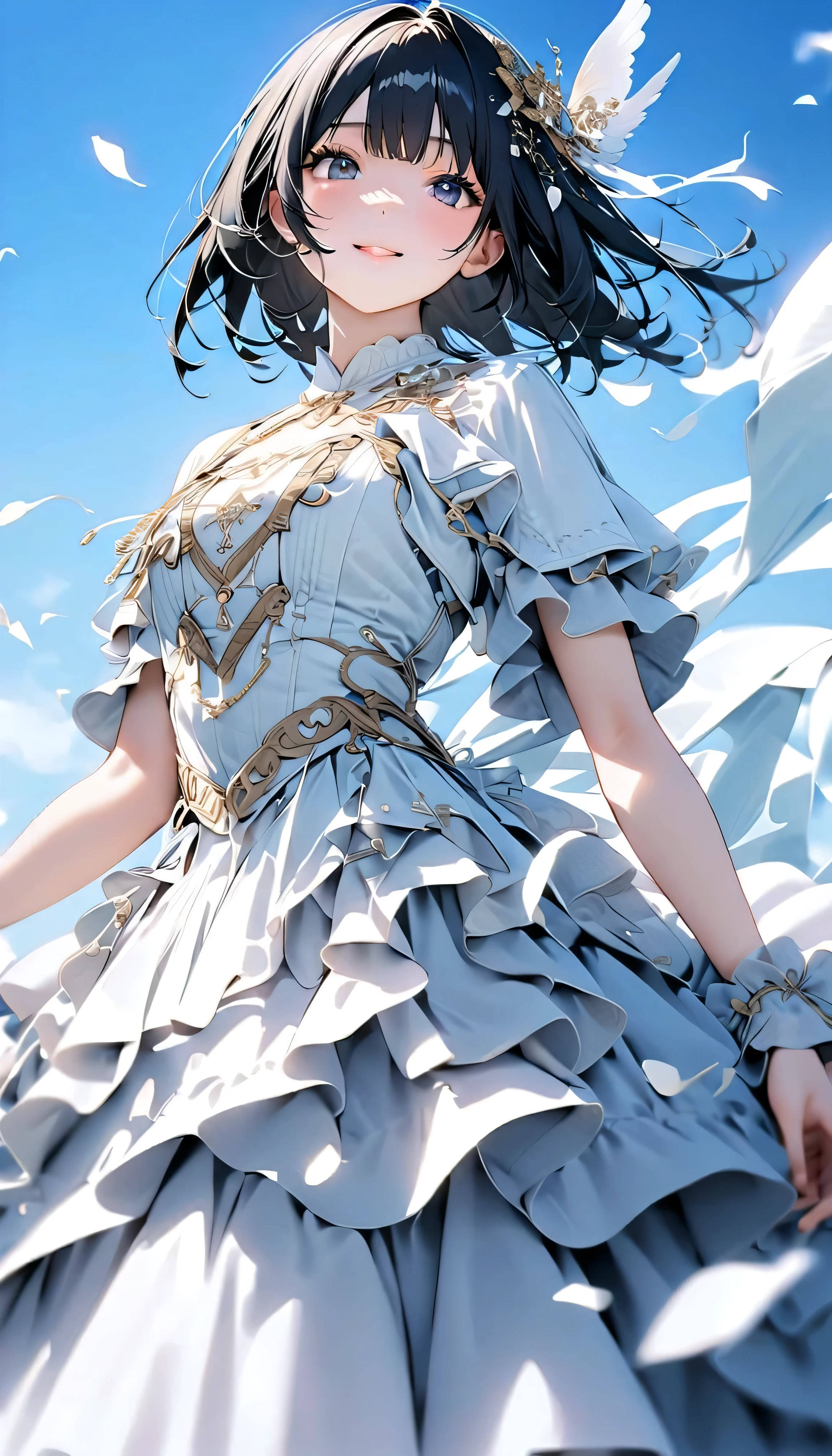 (Highest Quality:1.2, 非常にdetailsな, newest, Highest Quality, Best Aesthetics), 8K Ultra HD, 非常にdetailsな, details, bold configuration, (perfect human structure), beautiful and very delicate texture, (masterpiece:1.2, Highest Quality, Best Aesthetics, wind), (white petals dance:1.2, fantastic blue sky background:1.4), (shallow depth of field:2), windでwhite petals dance, delicate and dynamic, (Light reflection:1.2), (Halation of light:1.2), Romantic and sweet style, コンセプトアートwind, Blessed Virgin Mary white dress, bright light, Beautiful World, New World, accurate, dynamic angles, angel, 1 woman, upper body shot, black hair, , dark eyes,  young, textured skin, shiny skin, charming smile, Girl Beauty , Miraculous Beauty Symbol, ((( white dress with lavish embellishments:1.2))), 2.5d, realistic