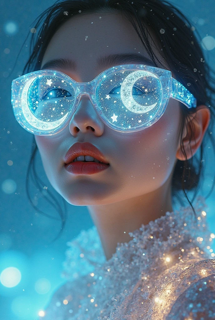 The model wears crystal sunglasses with stars and the moon in the glass