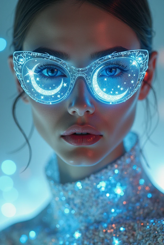 The model wears crystal sunglasses with stars and the moon in the glass