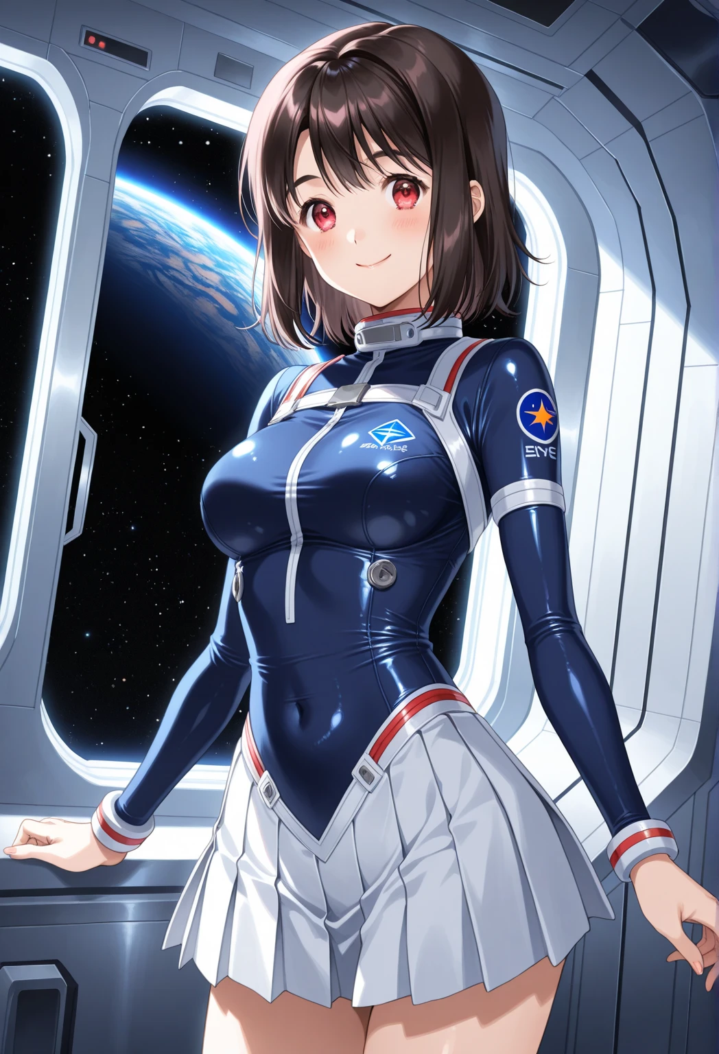 hiquality、16 K、((1girl in))、((Huge breasts)), ((Forehead)), Parted bangs hair, srestrained, blush,Short hair, Brown eyes,Brown hair,Sweat,(White Long Gloves),OL 、highleg leotard,((White and light blue leotard))、(((((Surprised)))))、((((( are protruding)))))、Wavy mouth、(cleavage_cutout)、Light blue knee socks、white  boots、((Electronic space))、((dynamic pose angle))、(Hands on chest)、(1girl in)