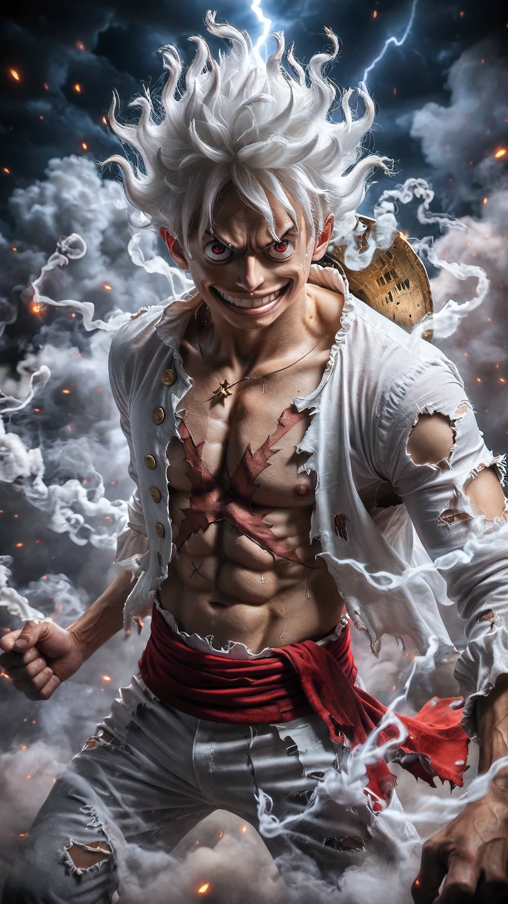 score_9, score_8_up, score_7_up, source_anime, detailed, wallpaper, beautiful details, monkey d luffy, one piece, 1 man, A hyper-realistic full-body portrait of a muscular pirate with spiky white hair and wild eyes, standing confidently in a stormy battlefield filled with swirling white smoke and red lightning. His skin is dark tan with realistic texture, pores, and sweat. His chest displays a large X-shaped scar, and a small scar under his left eye. He wears an open white shirt with gold buttons, tattered at the edges, revealing his muscular abs and scars. A red sash wraps tightly around his waist, and he wears short pants with white fur trims. His expression is fierce and smiling, exuding unstoppable energy. Wisps of white smoke wrap around his body dynamically. Red lightning arcs crackle in the air around him. The background features a chaotic sky filled with dark clouds, glowing embers, and energy particles. Every detail, including hair strands, torn cloth, and smoke, must look photorealistic, cinematic, clean, and extremely detailed.