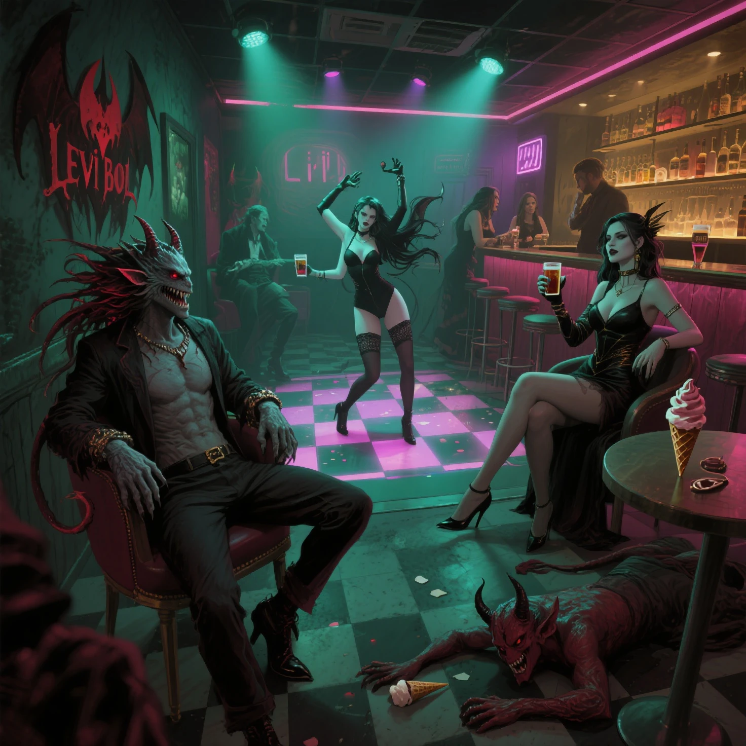 the club, male and female monsters have fun in the pub (art inspired by Bill Sienkiewicz). oil painting)