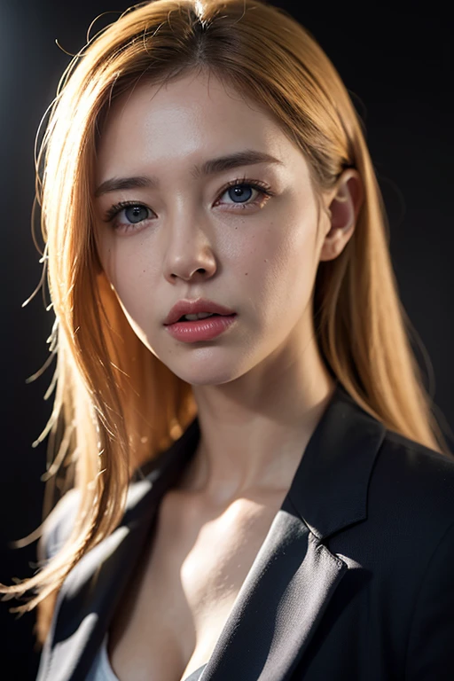Best quality, masterpiece, ultra high res, (photorealistic:1.4), raw photo, 1girl, blonde hair, blue eyes, detailed eyes and face, black suit, dynamic lighting, in the dark, deep shadow, low key, cowboy shot full-lenght body