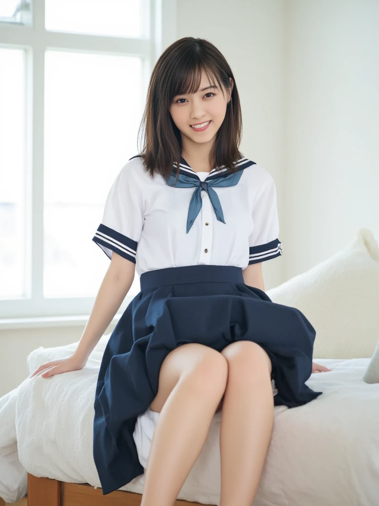 (Looking directly at Viewer:1.5),(big smile:1.2)32K, masterpiece, Raw photo, Best Quality, Photorealistic, Highly detailed CG Unity 32K wallpaper, depth of fields, Cinematic Light, Lens Flare, Ray tracing, (Extremely beautiful face, Beautiful lips, Beautiful eyes), intricate detailed face, ((Ultra detailed skin)) 1girl in, deep shadow, Cutest Pretty Japanese girl, Super Idol, 1 girl,(Happy smile:1.3), Clear eyes, Front shot, (pale skin), (Big eyes:1.2), Face forward, (Brown hairs), thick thighs, (Japanese school uniform:1.1),(double eyelies:1.3),long eyelashes,(white panties:1.2),balanced elegant face,(small mouth:1.1),drooping eyes, cubby ass, big hip