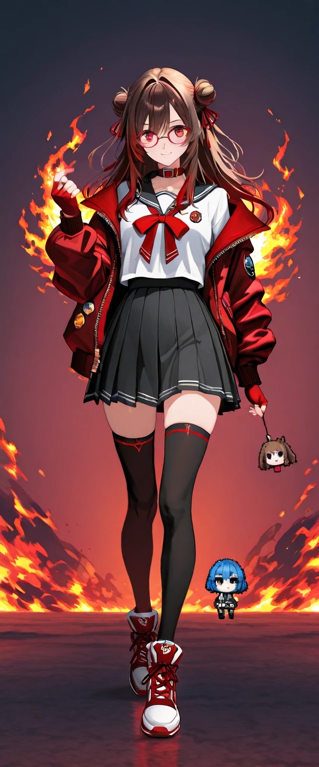 A bold and stylish high school girl VTuber character that combines fiery red techwear elements with a refined Japanese school uniform. Her shoulder-length dark brown hair fades into deep crimson tips, tied in a slightly messy twin-bun style. Her eyes are a sharp ruby red with a flicker of light, exuding intelligence and passion.

Outfit: A burgundy bomber jacket with subtle reflective red circuit patterns running down the arms and collar, worn over a classic sailor blouse—white with a dark red collar and a blood-red ribbon at the chest. The pleated skirt is charcoal with deep red pinstripes. She wears matte black thigh-high stockings and limited-edition red-and-black gamer sneakers with glowing accents.

Accessories: Her bomber jacket features patches and enamel pins with  #debug, and pixel art flames. She has a fingerless glove on one hand, a red LED smartwatch, and a chibi USB mascot keychain hanging from her zipper. Her glasses are frameless, with a red AR-style heads-up display integrated into the lens, full body