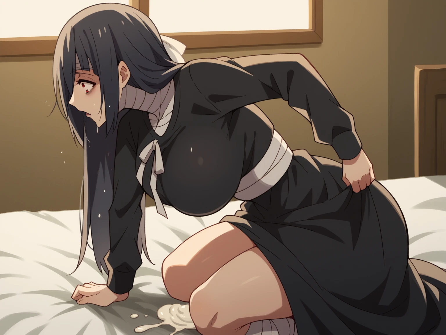 (best quality), (masterpiece), very aesthetic, absurdres, high res, all detailed,  (nakoruru), long hair, black hair, bow, hairband, japanese clothes, short sleeves, boots, fingerless gloves, sash, medium cleavage, pants, [white panties], [black thigh-highs], (injury skin, scar skin, bleeding skin, torn clothes:1.15), Broken Armor, cloth pieces, BREAK NSFW, solo, 1girl, lying, on side, (closed eyes, cry, tears), sigh, blush, sweat, (indoors, prison), cinematic lighting, diffraction spikes, three quarter view