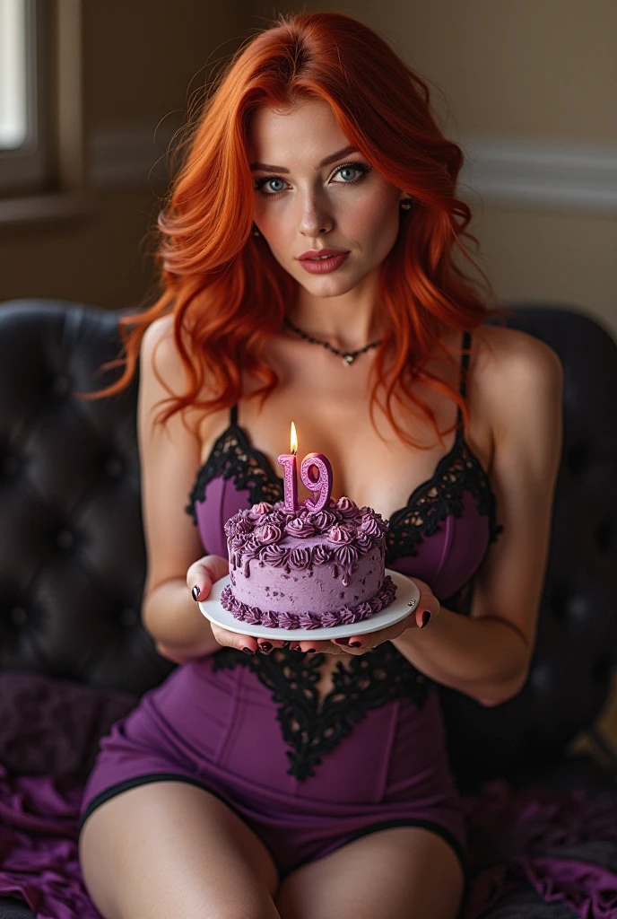 Hyper realistic Model, candle lighting, blue hair, thick hair, clean face, green eyes, big boobs, heart shaped lips, laughing, wearing a black dress, sitting at a dining table with a big three tier birthday a cake.