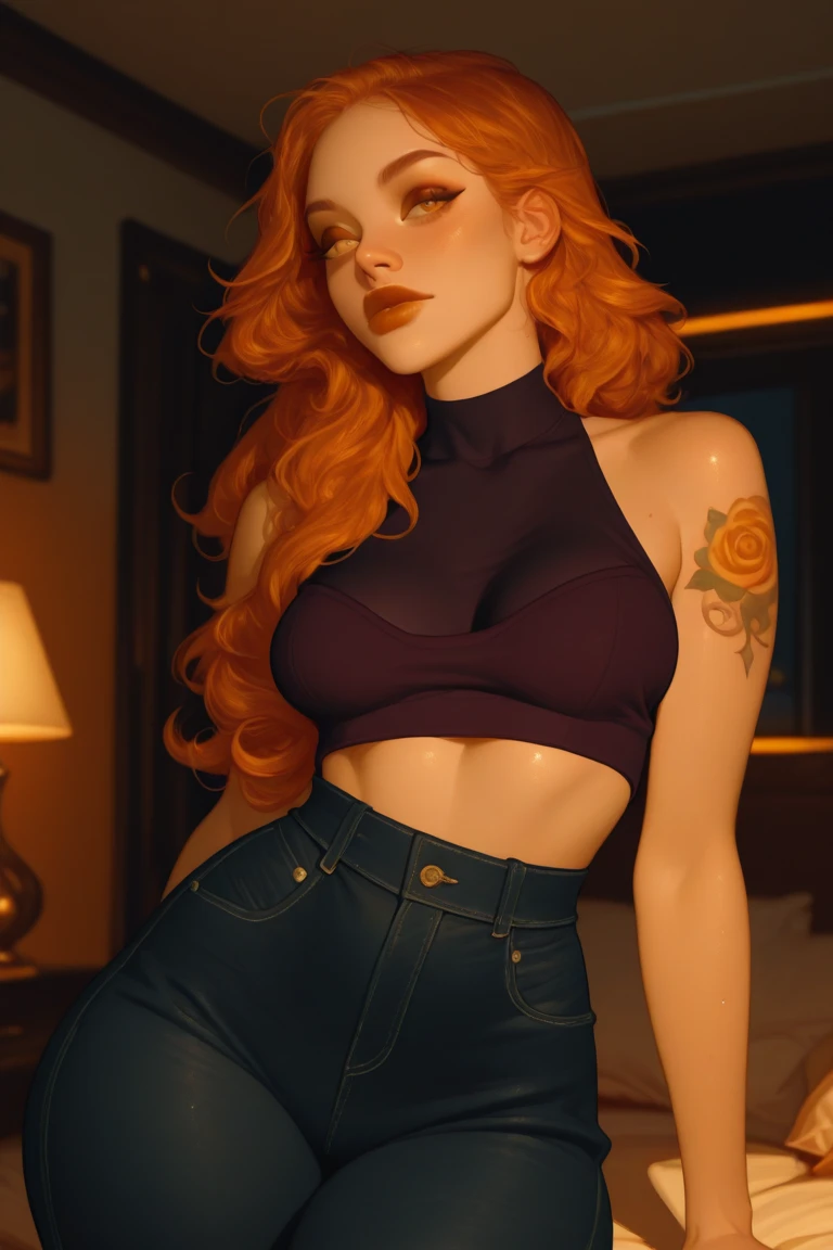 Masterpiece, hi res, absurdres, Best Quality, 4K, detailed, HD,score_9, score_8_up, source_anime, solo, male, girly, androgynous , Orange hair, curly elbow length hair,curvy, thick, Big ass,black crop top, white pants,curvy, bulge, large bulge, genitalia outline,prominent lips, red lipstick,thick, olive skin, tanned skin, looking at viewer, tattoos on body, lots of tattoos, Gyaru, dark skin , bedroom