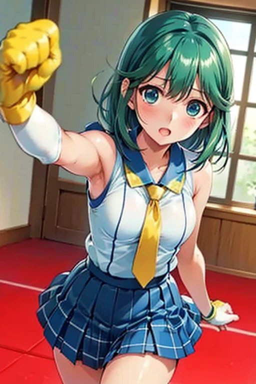masterpiece, best quality, absurdres, nino, 1girl, solo, looking at viewer, smile, short hair, open mouth, blue eyes, skirt, hairband, green hair, belt, cape, purple hairband, 
surprised, confused, ?, spoken ((Tight leotard)), ((sexy pose)), ((Wrestling ring)),