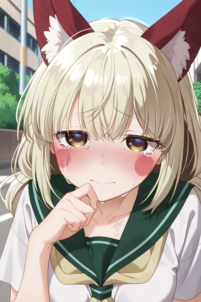 score_9, score_8_up, score_7_up, source_anime, kaorukotenkawa, kaoruko tenkawa, long hair, blue eyes, blonde hair, bow, hair bow, yellow bow, skirt, shirt, long sleeves, , white shirt, pleated skirt, serafuku, sailor collar, neckerchief, green skirt, green sailor collar, outdoors, cityscape, smile, looking at viewer, dutch angle, blush, open mouth, big mouth, tongue, tongue out, close up, saliva, uvula, uvula, room, mouth focus, excessive saliva, giantess, selfie, huge mouth