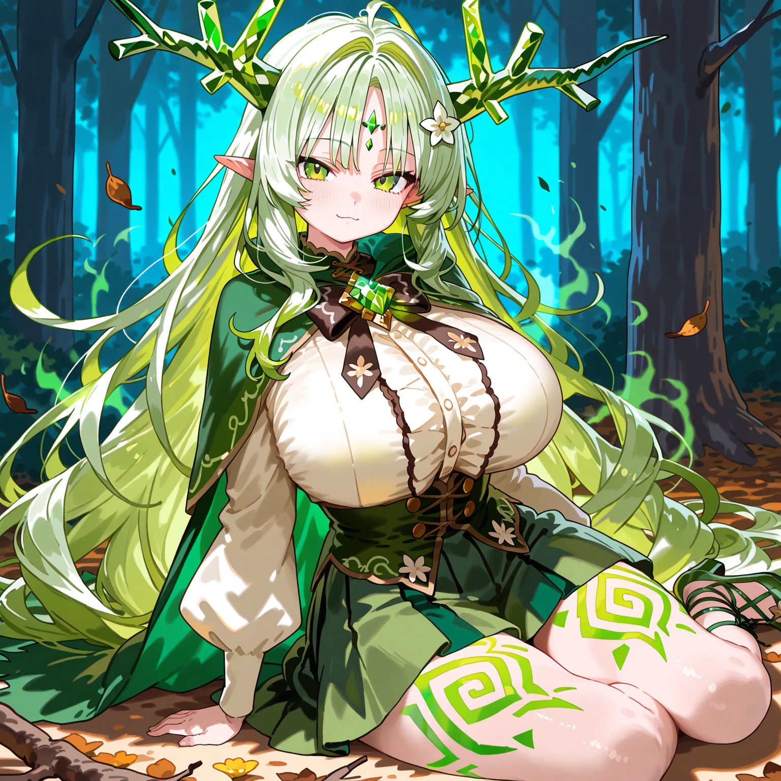 ((1 cyborg woman, a bionic arm,((gigantic breasts, naked breasts, naked pussy, erect breasts, grabbing breasts)),((green hair)),((1 red eye and 1 black eye, desperate face)) ,((standing,in a haunted forest, at night)),pregnant
