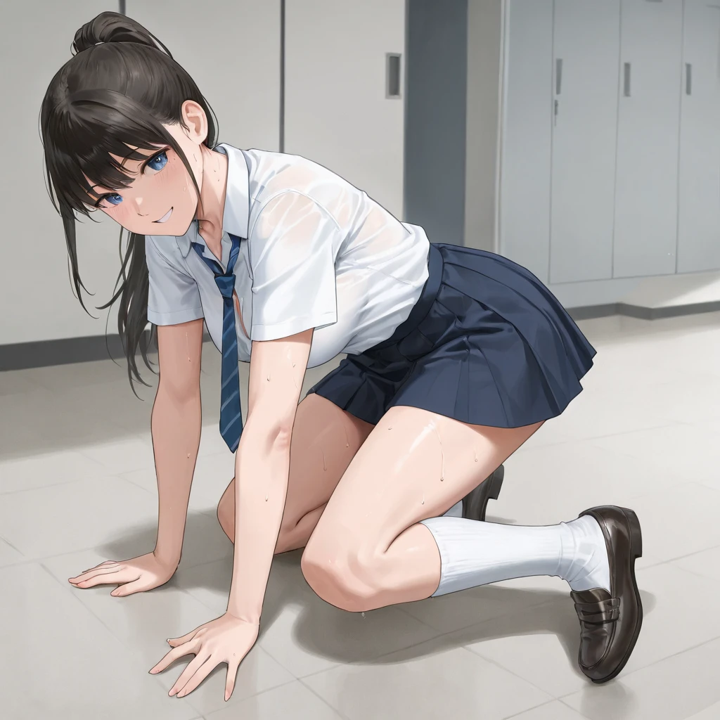 A woman defecates while in a crouching position.