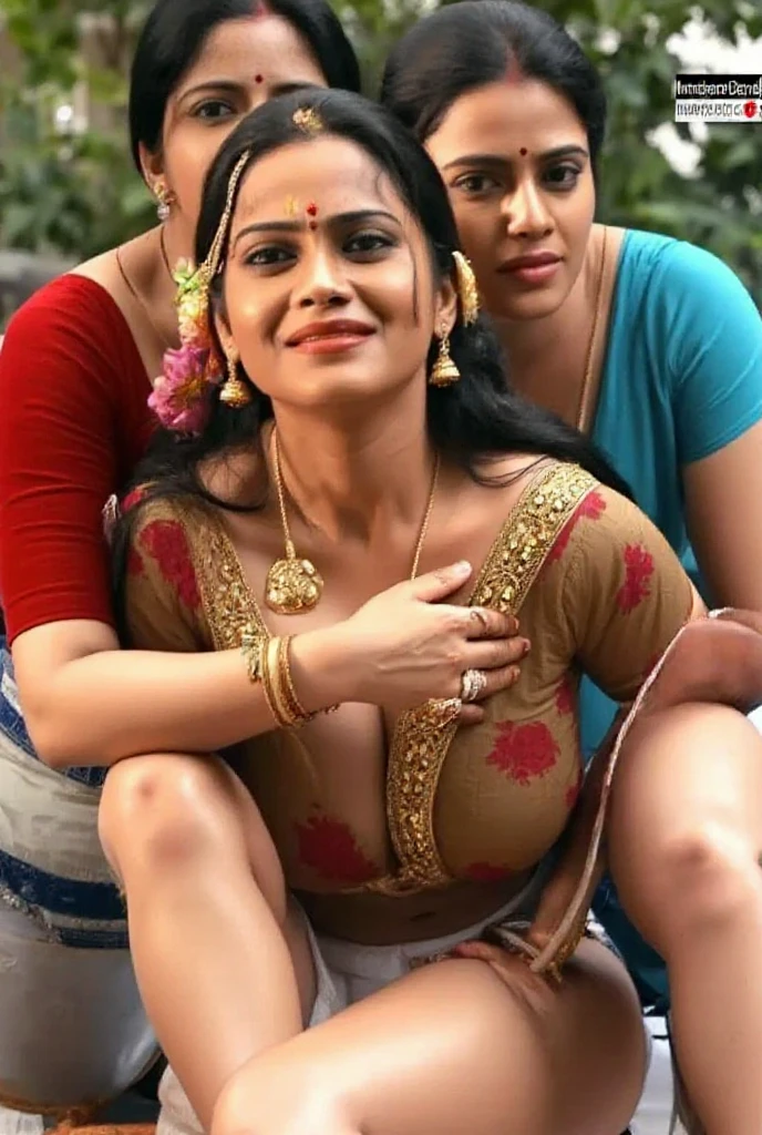 A beautiful married woman is getting rape in a market, men around her trying to make her naked by taking off her saree, she is screaming, everyone holding her hands and breasts, she has hug breasts, red dot on forehead, bindi, crowd area, rap, sexy, porn, beautiful women, pretty face, hair tied in braid, braid hair. Necklace and jewellery , kneeling, screaming and crying, begging to stop, crowd, ((men around her)), ((men rape her badly)), rapping her on market road, she is begging to stop and crying