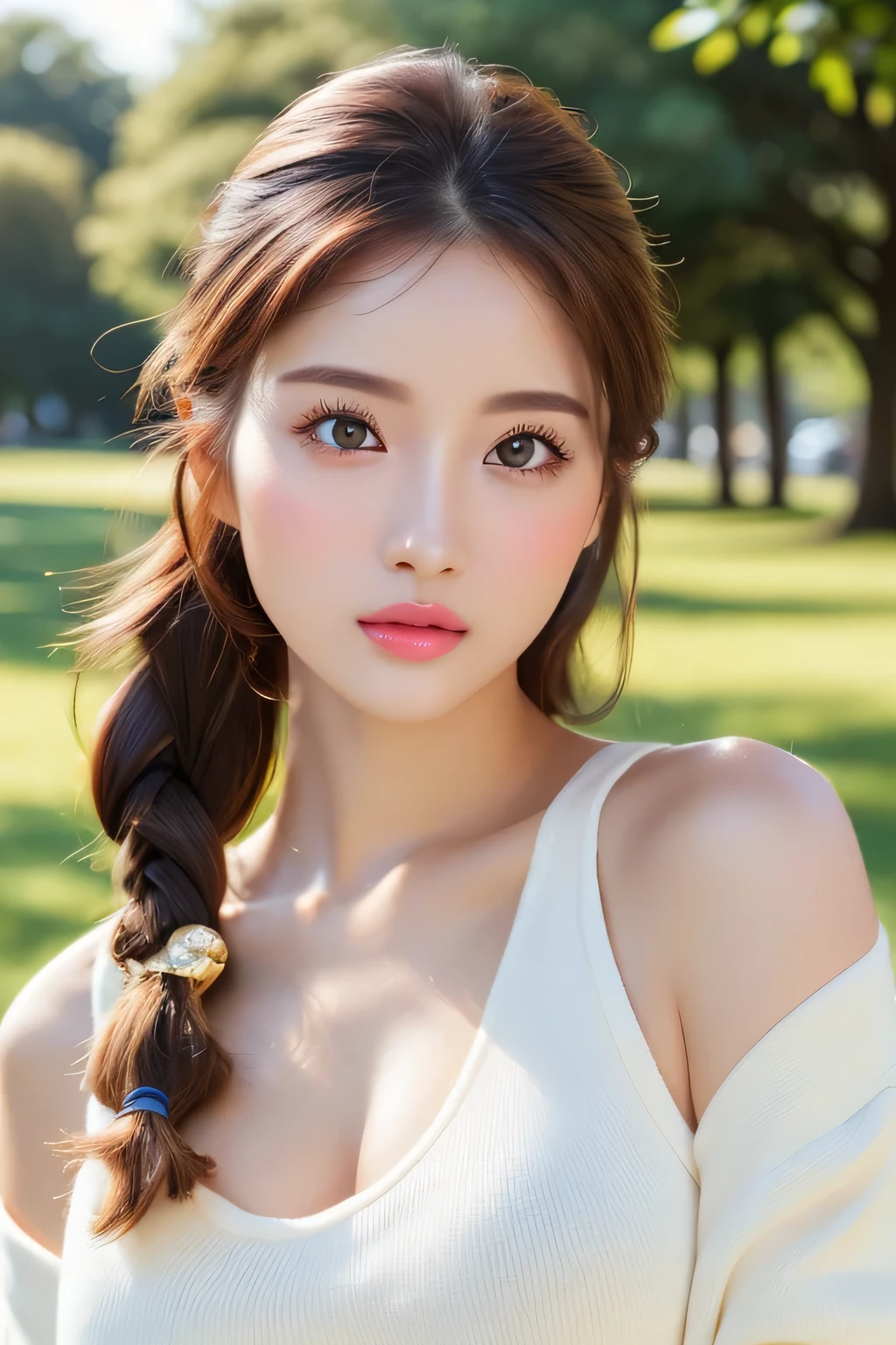 Warm sunshine、Woman strolling in park、Accentuate your breasts、See-through white tight sweater dress、Off-the-shoulder tight sweater dress、(Reddish brown wet shiny hair)、(Floral braided headband、Half Up、Floral,),(Space Knitting、Voluminous fishtail braid、Twisted pan、)、(The bangs are see-through)、hairpin、hair ornaments、Blushing cheeks、Pointed red mouth、Big Breasts、Perfect body curves、Beautiful clavicle、Wet Hair、Wet Face、Wet body、Wet Skin、Wet costume、Detailed clothing features、Detailed hair features、Detailed facial features、Looking into the camera、(Dynamic and sexy pose) )、Cinema Lightasterpiece、highest quality、Ultra-high resolution output images、Write Boundary Depth、Intricate details、Add depth to your subject with contrast between light and shadow、)、Digital Illustration、Single-lens reflex camera、(Realistic:1.3)、(8K quality、Anatomically correct facial structure、)、(Picture Mode Ultra HD、)