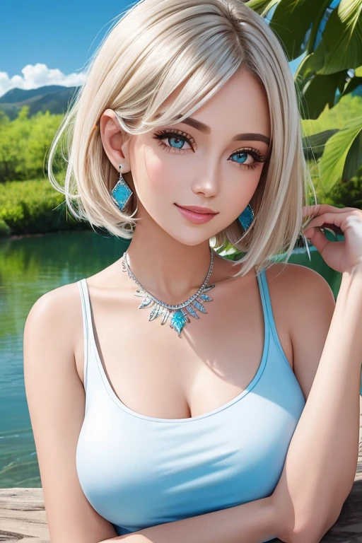 Curled bob cut, platinum hair woman in orange collared shirt posing to take photo in city, 8K artgerm Bokeh, well-proportioned body, beautiful korean woman, gorgeous necklace, beautiful young korean woman, soft portrait shot 8 K, korean girl, double and narrow eyes, beautiful gray eyes, Los Tran 8 K, Cute young woman, Korean woman, beautiful blonde girl
