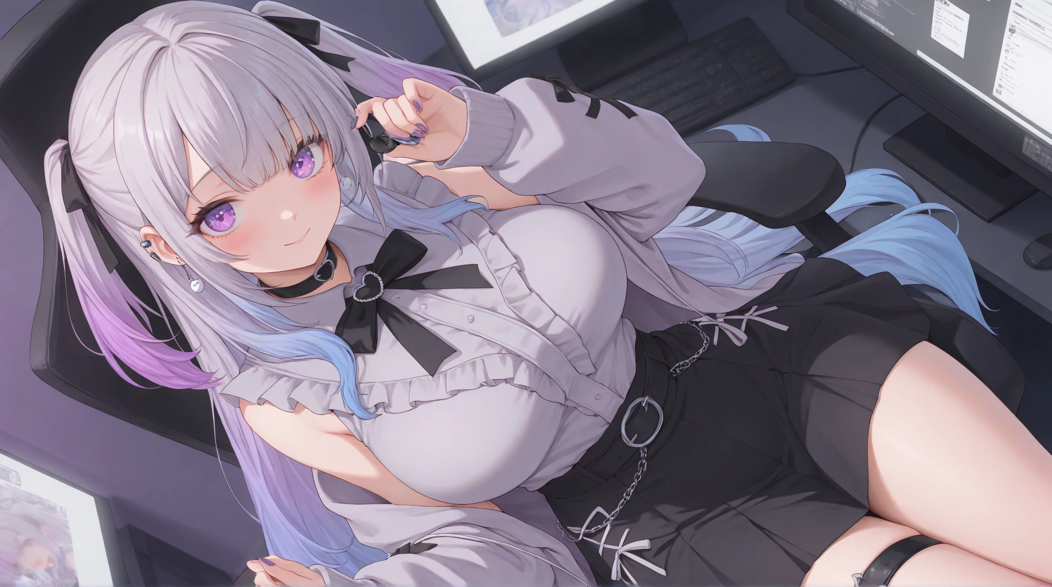 Jump out of the Computer Screen，earphone，One girl is Jirai Kei (fashion)/landmine style/Jirai Kei Landmine Type,  masterpiece, high resolution, precise、Color