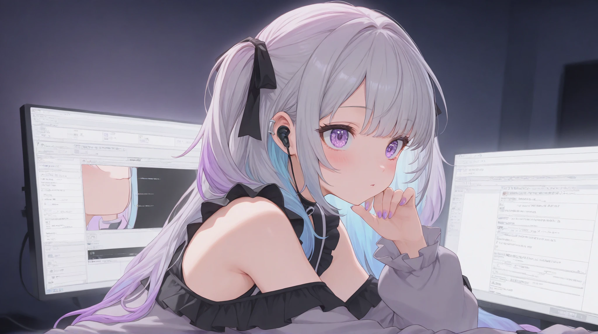 Jump out of the Computer Screen，earphone，One girl is Jirai Kei (fashion)/landmine style/Jirai Kei Landmine Type,  masterpiece, high resolution, precise、Color