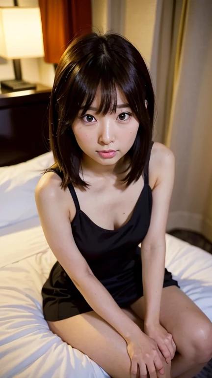 ((8K, RAW Photos, of the highest quality, Masterpieces), High detail RAW color photo professional photograph, (Realistic, Photorealism: 1.37), (Highest Quality), (Best of darkest illustrations), ((Cute, Beautiful, Ultra High Resolution, High Definition CG Unified 8K Denden Wallpaper, Physically Based Rendering, Movie Lighting), analog style, Elegant, grateful, UHD 8K, Digital SLR, FujifilmXT3, Vibrant, Candid, Dramatic immersive sunset, (Detailed face, Skin Texture), Film grain, Natural light, looking in camera,(Idol face), (1 japanese girl),((a photo of girl, 16 yo)), ((a short bob)),((Black Linen Velvet Bunny Earband Rack Linen Velvet Strapless Leotard), ((black rough mesh pantyhose)),(thick thighs), ((Looking at Viewer:1.1)),((Cowboy Shot)),so sexy, Very beautiful, very very kawaii, ((Hotel bedroom)), wakame、terrified expression、Screaming