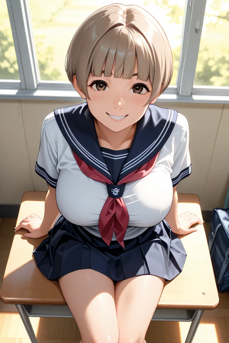 Highest quality、High resolution、Detailed Background、(Beautiful face in every detail:1.2)、Anatomically correct、(Detailed eyes:1.2)、Teenage beauty、(Highly detailed face)、(Huge breasts:1.2)、Cute hair colour、Bobcut、Braided Ponytail、Cute hairstyle、well-groomed eyebrows、Perfect body line、Short-sleeved white sailor suit、Pleated mini skirt、Hot midsummer day、Full window open、Summer Heat、Covered in sweat、Sweat makes clothes transparent、sitting in a classroom chair during class、(A beautiful girl fanning herself with a cute gesture:1.5)、
The strong sunlight streaming in through the window enveloped the classroom in a muggy atmosphere.、The students slowly fan themselves while wiping away sweat.、Thirsty students asking for water、Students sitting down to take a break、Sharing a cold drink