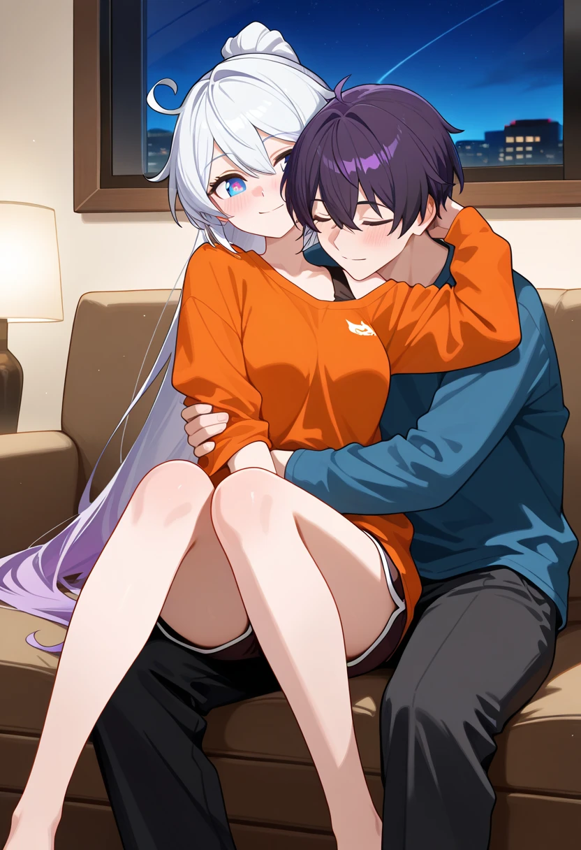 2person ,1girl, Grab 1boy&#39;s arm,Press to the chest,Blue Hair, Twin tails, Hair between the eyes, hair bow, eyebrows visible through hair,nipple, , {{{man hand on breasts,}}},, orgasm, portrait, best quality, very aesthetic,