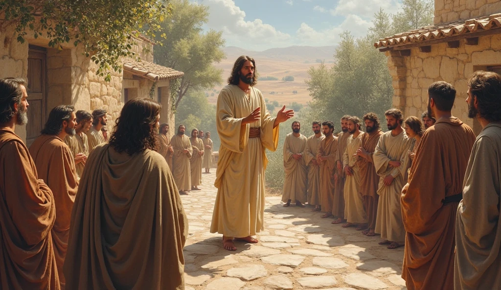 Jesus no meio de camponeses, bible illustration, epic biblical representation, imagem super realista, cinematic lighthing, beautiful depiction, Realistic, 4k, HDR