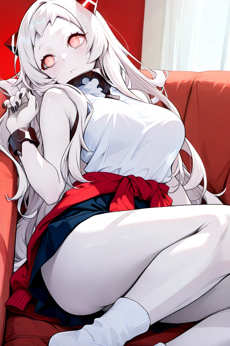 white colored hair , big breastes , Sexy anime woman , looks at us with a smile , in red bra and panties , lying on the bed with legs spread