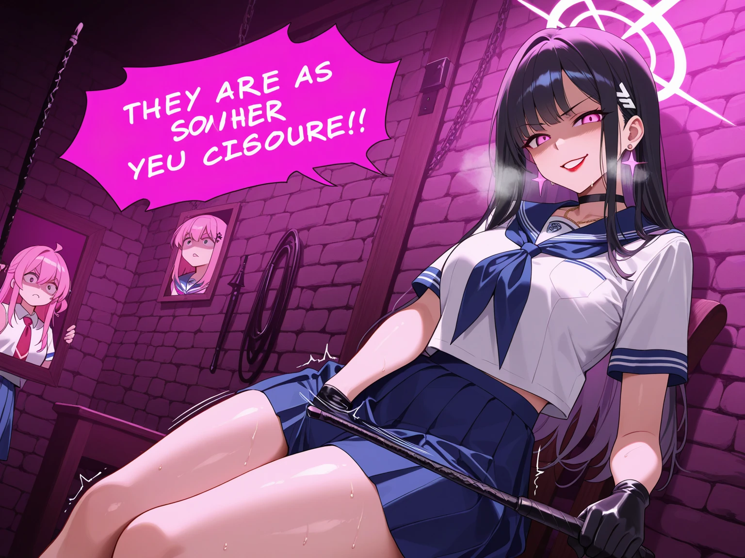 masterpiece, 最high quality, High resolution,  Final Fantasy 7、Tifa Lockhart、Black torn clothes 、Black ripped pantyhose、Dark church at night、sexy、Wearing a mini skirt、Thin legs、Big Breasts、Slim figure、high quality　CG Tone、Torn black panties、Surrounded by sadistic women、Sitting in a chair and being restrained、Black blindfold、While wriggling the body、trembling、周りの女性はバイブレーターをTifa Lockhartの性器と乳首に押し当てる、Forceful spurt of clear fluid from the genitals、周りの女性がTifa Lockhartに透明なローションを大量に注ぐ、Intense orgasm moment、panting loudly、Please open your mouth wide