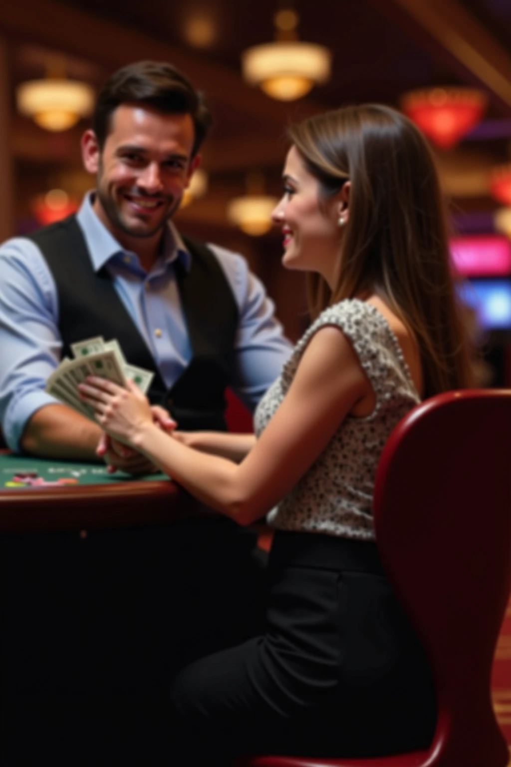 Woman and man playing in a themed casino decorated with football style and football team brands and cr7 ronaldo coins swallow style