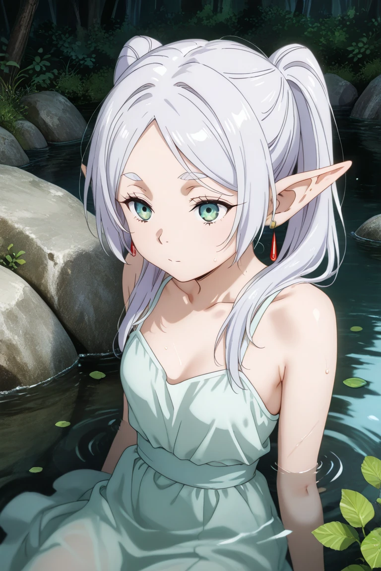 (masterpiece, best quality, high detailed illustration, 8k uhd), Frieren, green eye, elf, pointy ears, white hair, hair ornament, bathing, hot spring, naked, wet, towel, sexy pose, sitting, upper body, looking at viewer, blush, (good anatomy good artist, good hands)