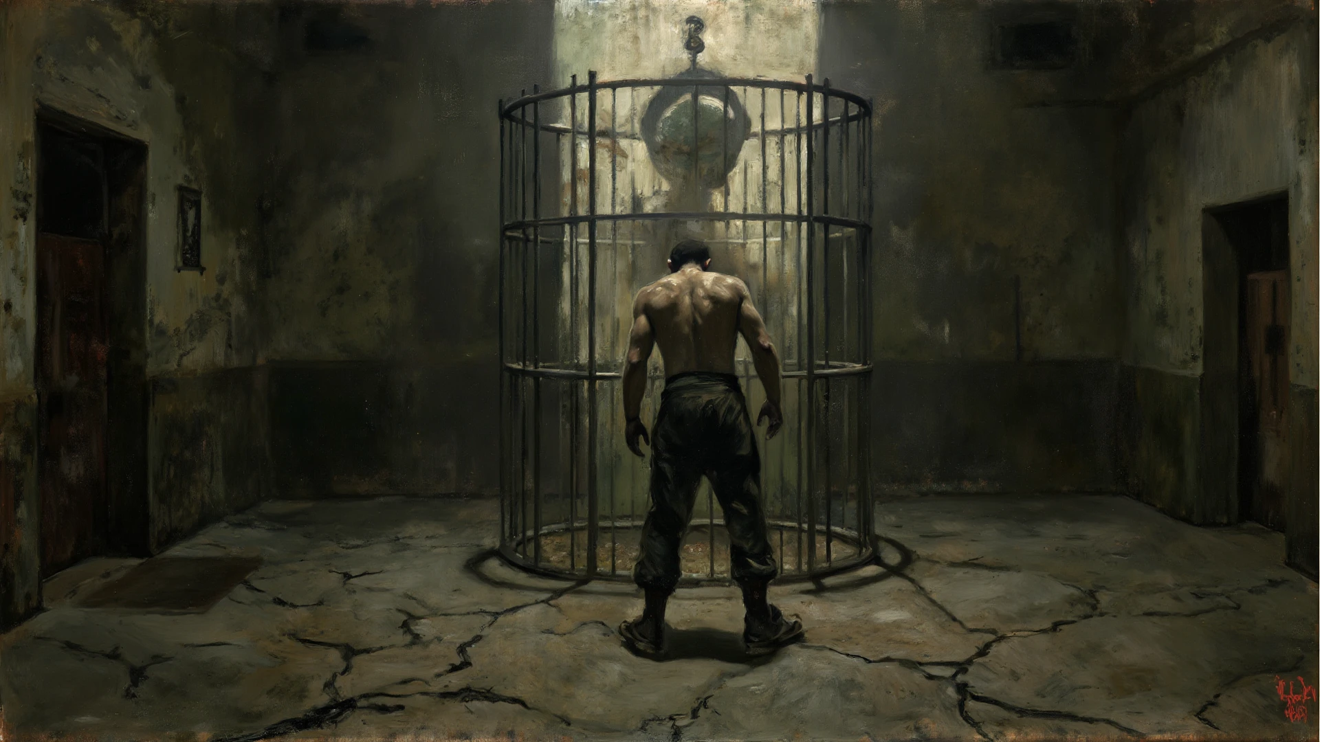 an old man,beard,Long Hair，muscle，anger, loincloth, In a cage, slave, Sit on a chair, Chained, Large Breasts, Big penis,White Semen, good looking, Facial blemishes, Squeeze the face, Red eyes, Two hands, Tattoo on the forehead, many chains, Chained on neck