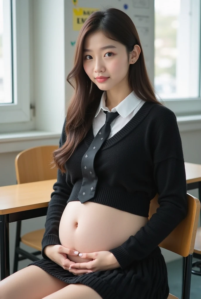 very very big pregnant midriff school blazer girl,ponytail, black hair,belly button, classroom