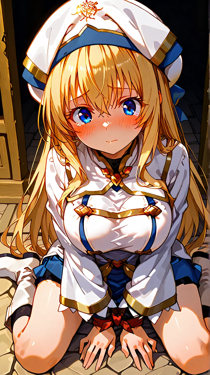 Highest quality masterpiece High resolution One Girl Fox ears Blonde Blue Eyes Small blue ribbon Big Breasts Shrine maiden costume Blue trim Choker on neck shrine