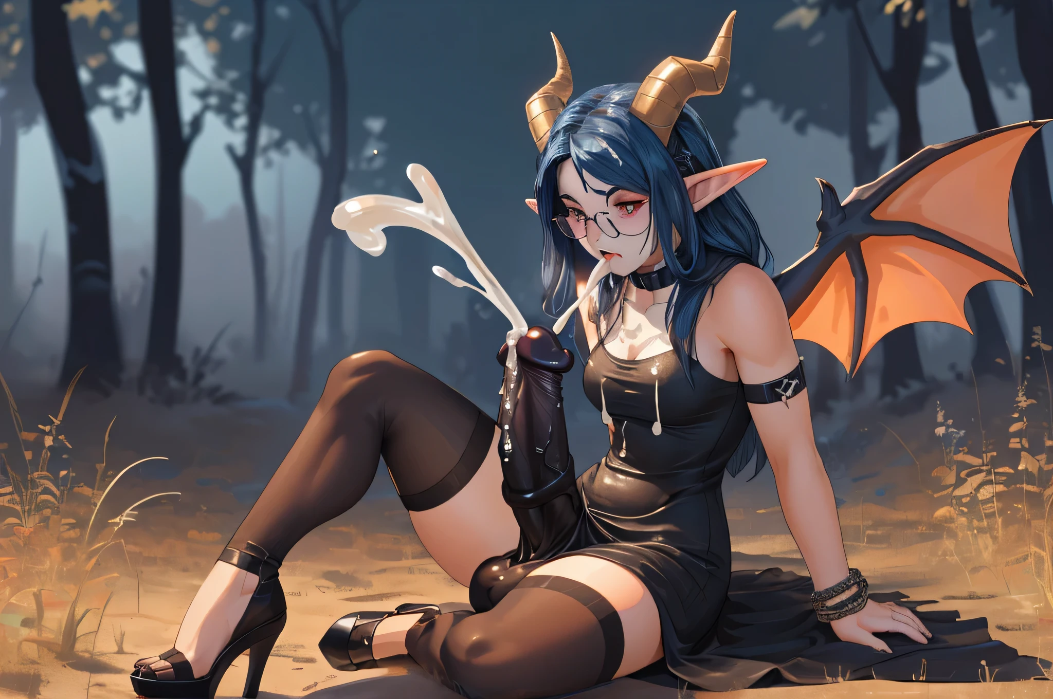 solo, (woman), ((human)), ((demon horns)), ((demon tail)), ((demon wings)), ((elf ears)), ((full body)), (fit body), (medium breasts), long hair, blue hair, straight hair, braids, red eyes, ((open mouth)), ((round glasses)), ((round eyewear), ((goth)), ((smirk)), (bracelets), ((choker)), ((collar)), (((stockings))), ((high heels)), ((tight dress)), (((short dress))), outside, in a forest, sitting, ((futanari)), ((erection)), ((large penis)), ((black penis)), ((flared penis)), ((flared penis tip)), ((penis sticking out from under dress)), ((cum dripping from penis)), ((semen dripping from penis)), (()), ((ejaculating)), ((cumming)), ((excessive cum)), ((excessive semen)), ((ejaculating in own mouth)), ((cumming in own mouth)), ((ejaculating on own face)), ((cumming on own face)), ((autofacial)), (((autofellatio))), ((((licking tip of own penis)))), ((cum on face)), ((semen on face)), ((cum on clothes)), ((semen on clothes))