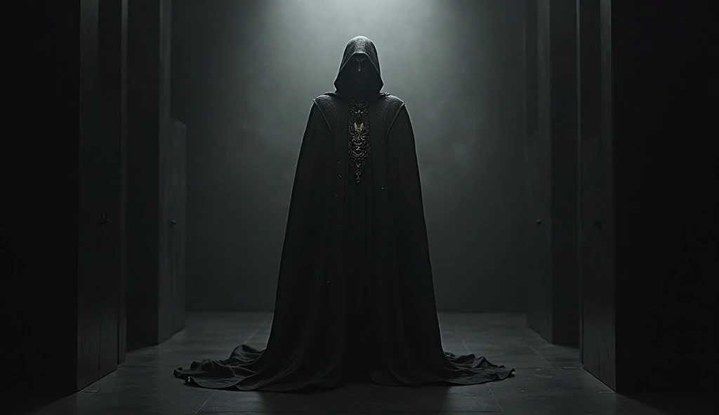 dark scene, full body, men, masked cultists with black robes and creepy white masks, in a dark place, dark and gross room, horror scene, darkness, terrific, dirty, dark mood