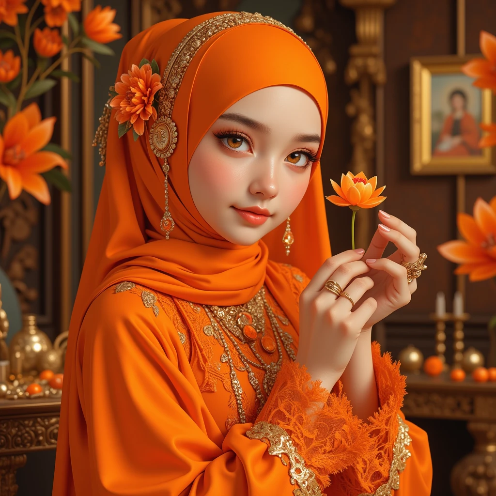 (Anime style), wedding with traditional Chinese wedding clothes in gold, and red, hijab woman holding a china fan, face without eyes