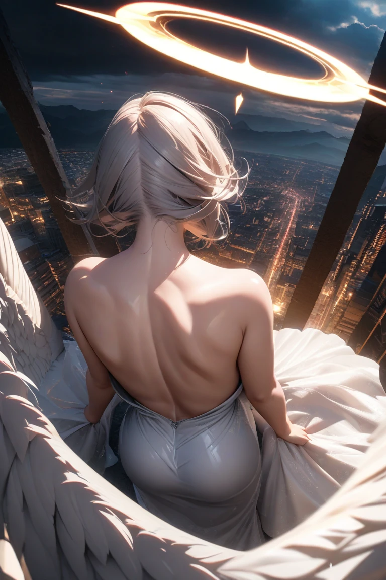 (masterpiece), best quality, ultra high res, girl, young girl 1girl, stunning cityscape, up boobs, neckline, white clothing, blonde hair, shooting stars,15 years, off shoulder, stunning night sky, cinematic lighting, photorealistic, realistic skin, HDR, fisheye