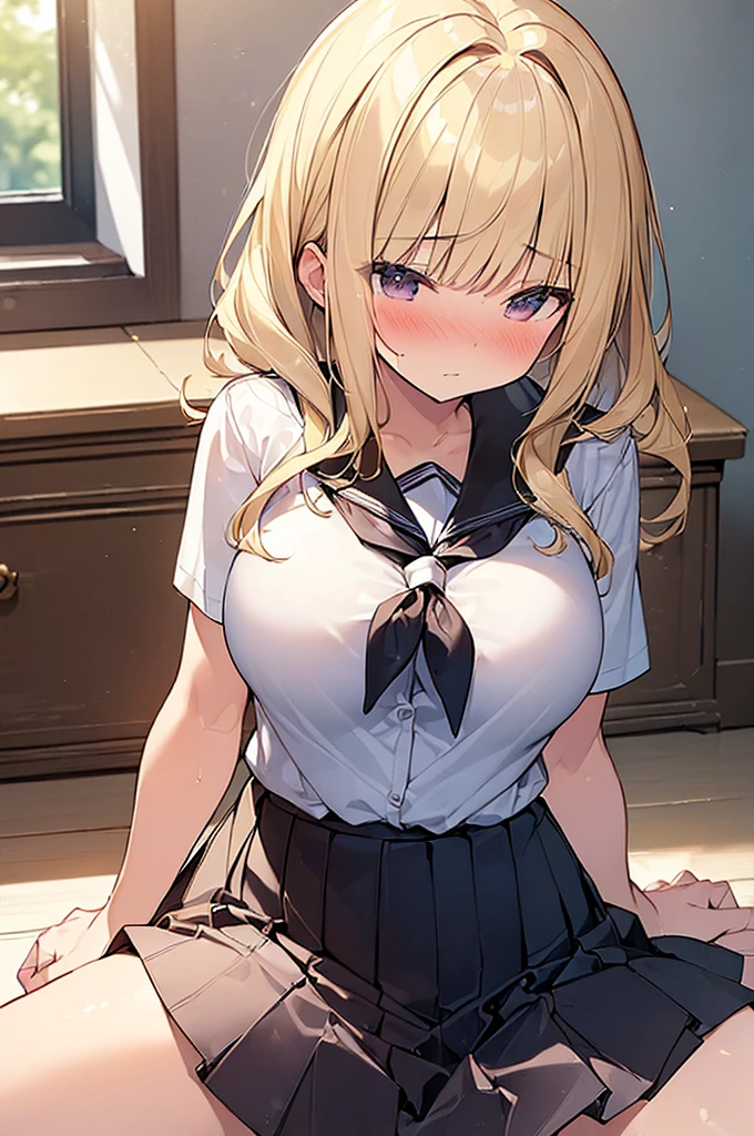 (software:1.5), (blush), (big and full breasts)、school uniform、droopy eyes, blue eyes、black ribbon、thick thighs, Liar, Valley Hall