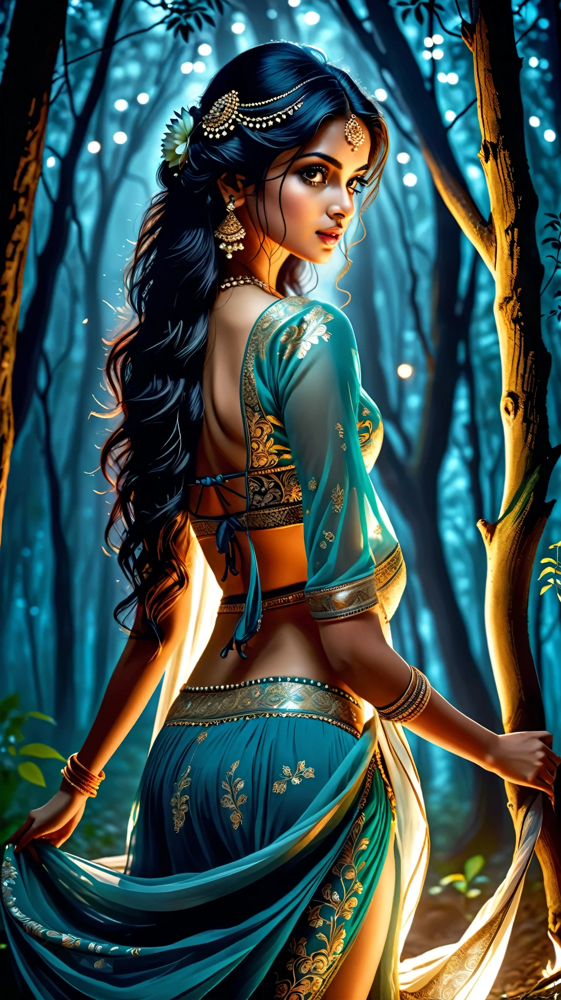 Back side photo, dynamic photo of a young, sexy, gorgeous, girl(aiswarya rai), in a kamasutra's lehanga, going in a dark forest, at night time, back side photo, realistic cinematic style, 4k ultra HD quality in 3D