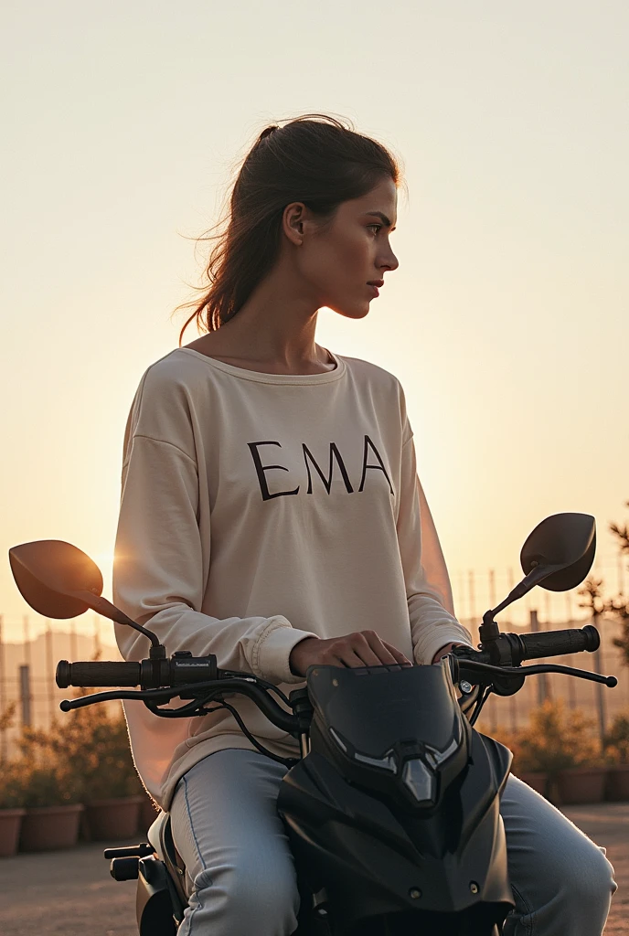corps entier , beau visage, Cheveux longs et lisse,Warm light and clear complexion, afro-american, Detailed, ultra quality, poitrine claire, mignonne jeans et t-shirt rose XXL assis sur une moto PCX  , Devant sa maison