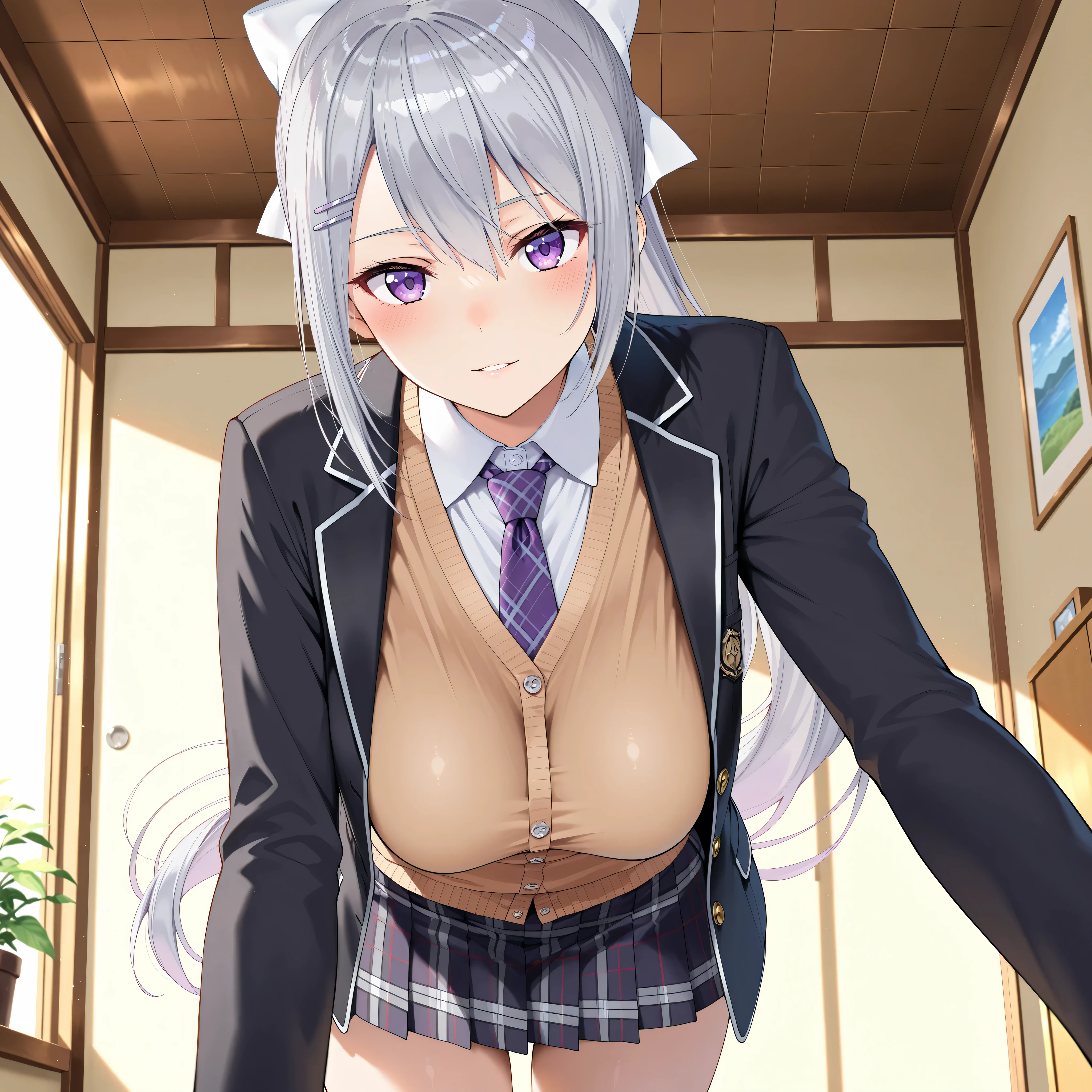 ((1 girl))、(smile:1.5)、small breastsのヌード、(cowboy shot)、(fun!!)、(white cardigan:1.5)、blush、(white hair)、chest roll up clothes,pull clothes,((flat chest:1.3))、((I can see your nipples:1.5)),(dog ears), No bra, (black skirt),look down, ((classroom:1.5))Upper body,classroomのシャツロールアップシャツセーター高解像度,look down, Upper body,Fair skin,classroom,small breasts,shaved pussy、long hair、light blue eyes