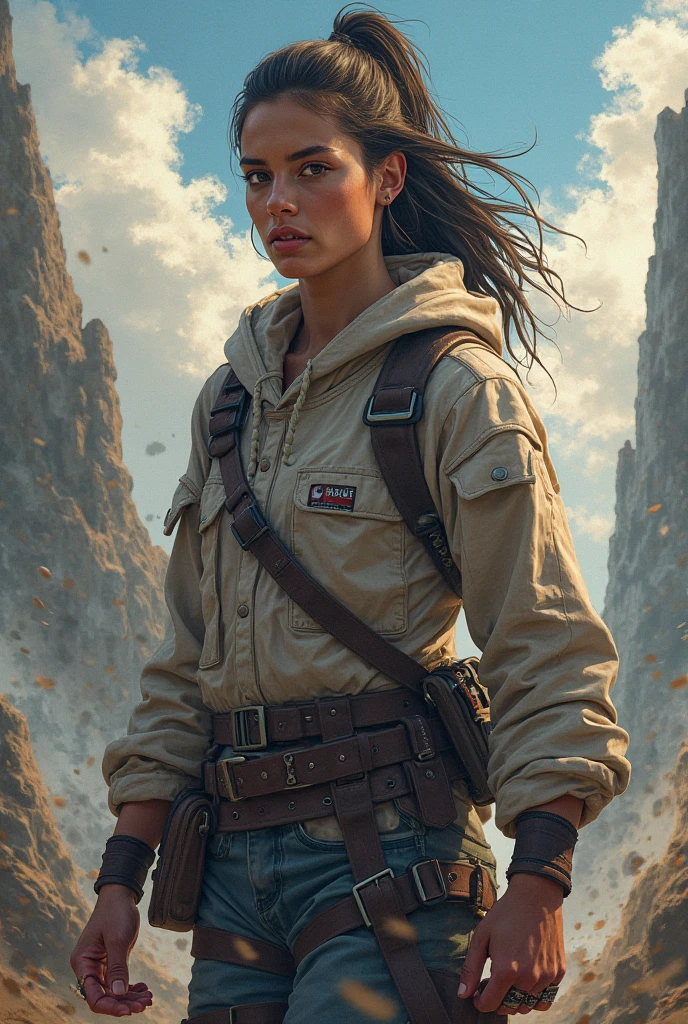 girl in desert with action sport clothes, functional clothes, her clothes are equipped with hanging straps, Breast cleavage showing, straps like for parachuting, face, body portrait, standing, small tits, tiny breasts, breasts covered, natural body, realistic body, grey bra, orange jacket, full body, hair in braids, body portrait, torso covered with transparent material, stomach covered with transparent dark material, pants with high waist covering belly button, small parachute backpack with hanging straps, parachute belt strapped around stomach, Meishu-Sama, johrei, luz divina, diante de um orisonte lindo, com o sol se pondo, with one hand forward, in connection with the divine, foto retrato, Directed by: Drew Tucker, Directed by: Adam Marczyński, Directed by: Alexandre Kucharsky, Directed by: Gavin Nolan, Surrealismo 8K, Directed by: Jason Felix, Yuri Shwedoff e Tom Bagshaw, arte ilustrativa, Estilo Erik Johansson, nude, nipple