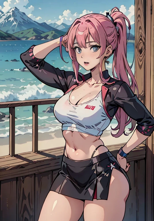 A pink haired woman with violet eyes and an hourglass figure in cool summer clothes is walking with a red haired woman with red eyes with an hourglass figure in cool summer clothes on the beach