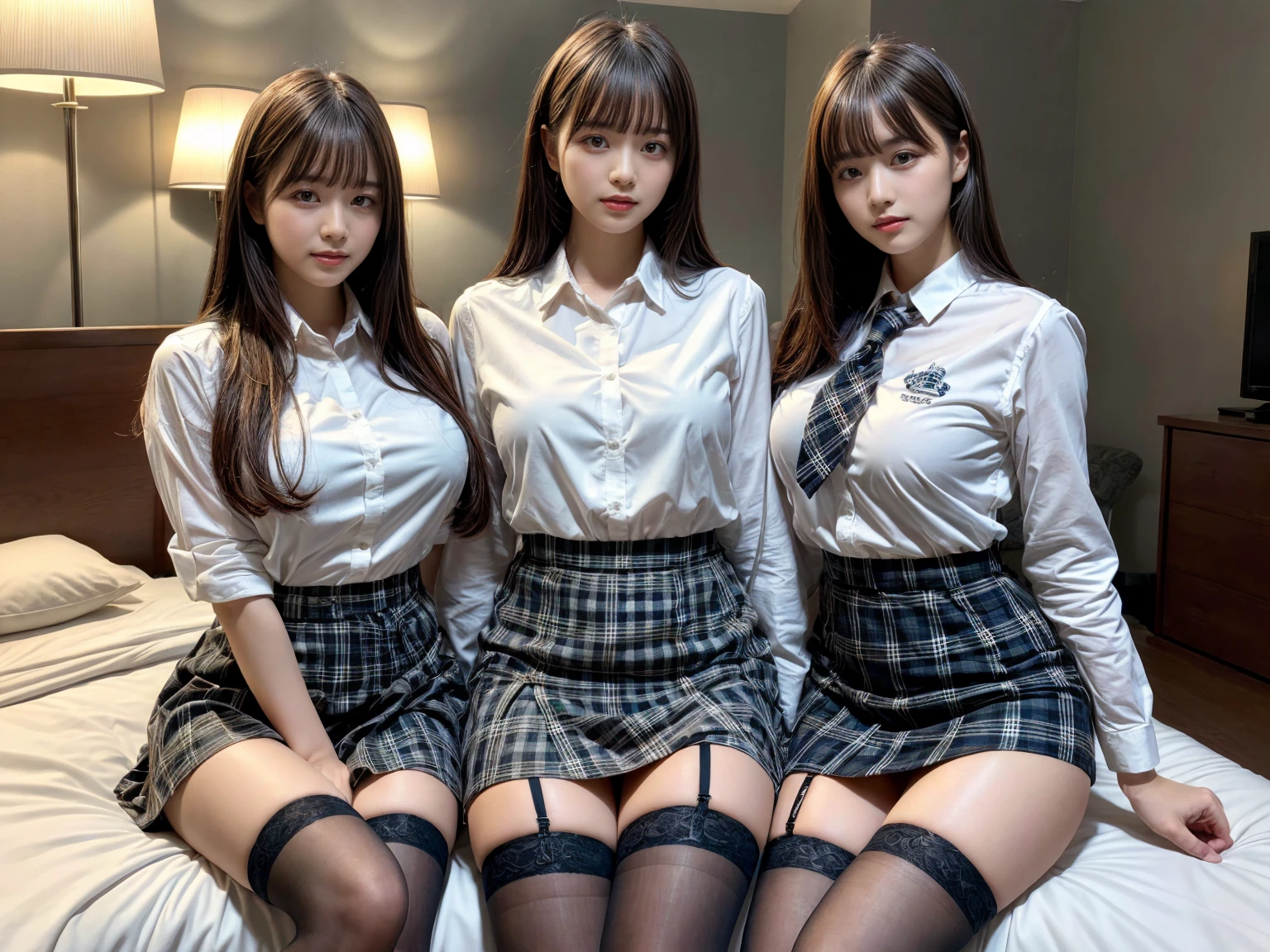 masterpiece, best quality, illustration, Super detailed, fine details, High resolution, 8K,wall paper, perfect dynamic composition,(Details High quality, realistic depiction of eyes:1.3), (3 girls), (white school shirt :1.2), (plaid skirt :1.3), tie black, black thigh-high stockings, sitting, open legs, short bob hair, in a hotel room in the background, deep on field, large breasts, black hair color, Big Natural Color Lip, (perfect body shape), crying a little、Harajuku style、20 year old girl、cute type、beautiful legs, Gravure Idol