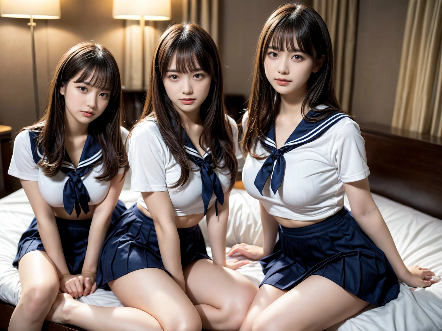 Three very young girls in bed,Mr..々sailor suit,18-year-old,bangs,a little smile,thighs,knees,each with a different hairstyle,from below,front light、spread your legs、Nipples are fully visible、erotic smile、Soaking wet whole body、water droplets、have sex、live action、photograph、Mr..々Counterpoint、Avoiding pubic hair