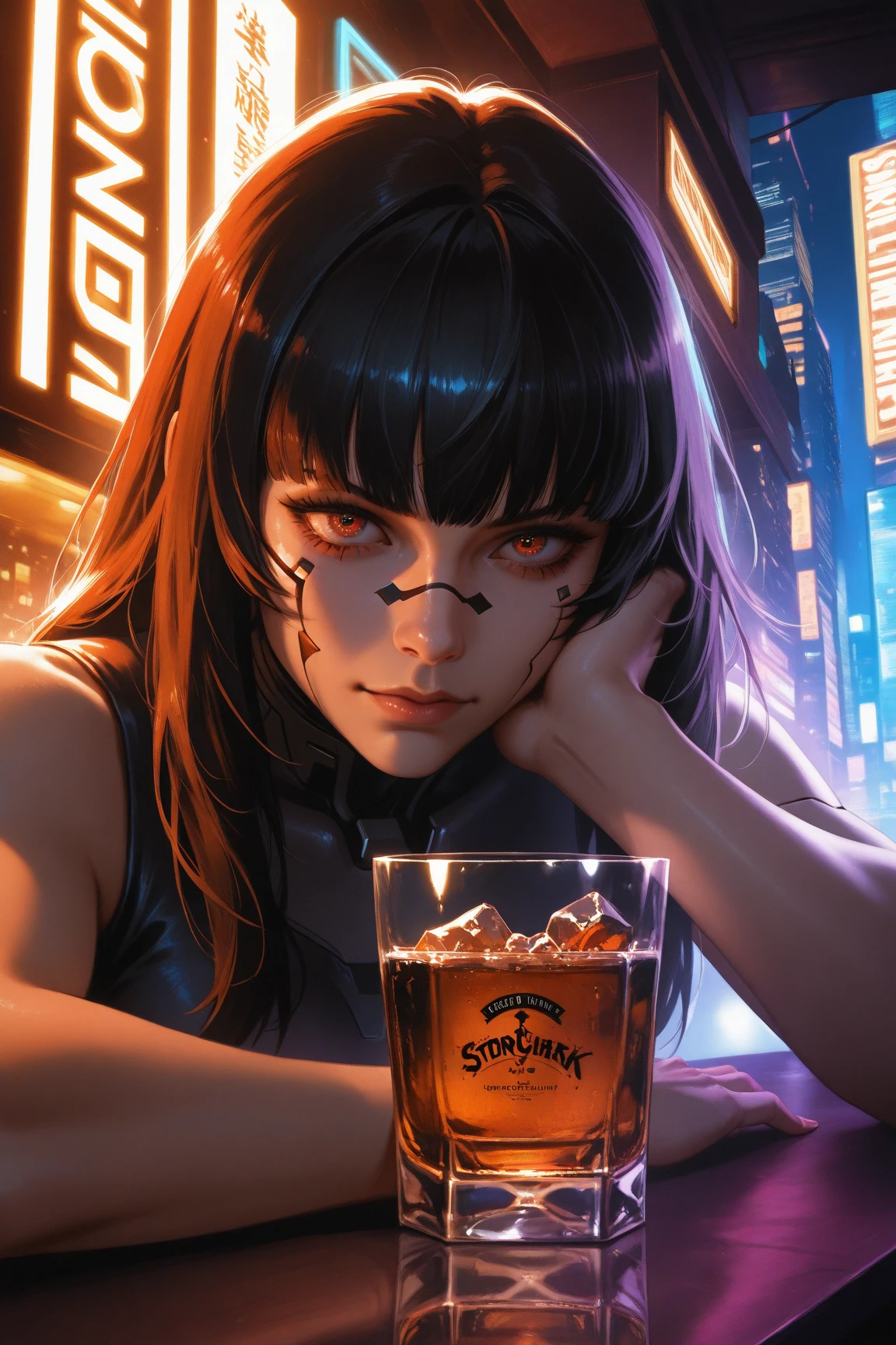 (masterpiece:1.6), 8k (best quality:1.6),(highly detailed:1.2),(super photorealistic:1.2), cinematic lighting,8K,hi-fi,(perfect anatomy:1.2), sharp focus ,
A Chinese liquor bottle on a wooden table ,with label featuring intricate glowing neon patterns,like the face of Tang Wei with cybernetic enhancements, neon streaks in her long black hair, glowing cybernetic eyes, wearing a black leather trenchcoat in a futuristic dystopian setting,
cyberpunk, neon,futuristic, dystopian, gritty,glowing, enhanced,artificial,synthetic, synthetic skin ,black leather,trench coat, long black hair, fringe,hologram ,glitch ,408error,
by Cao Fei