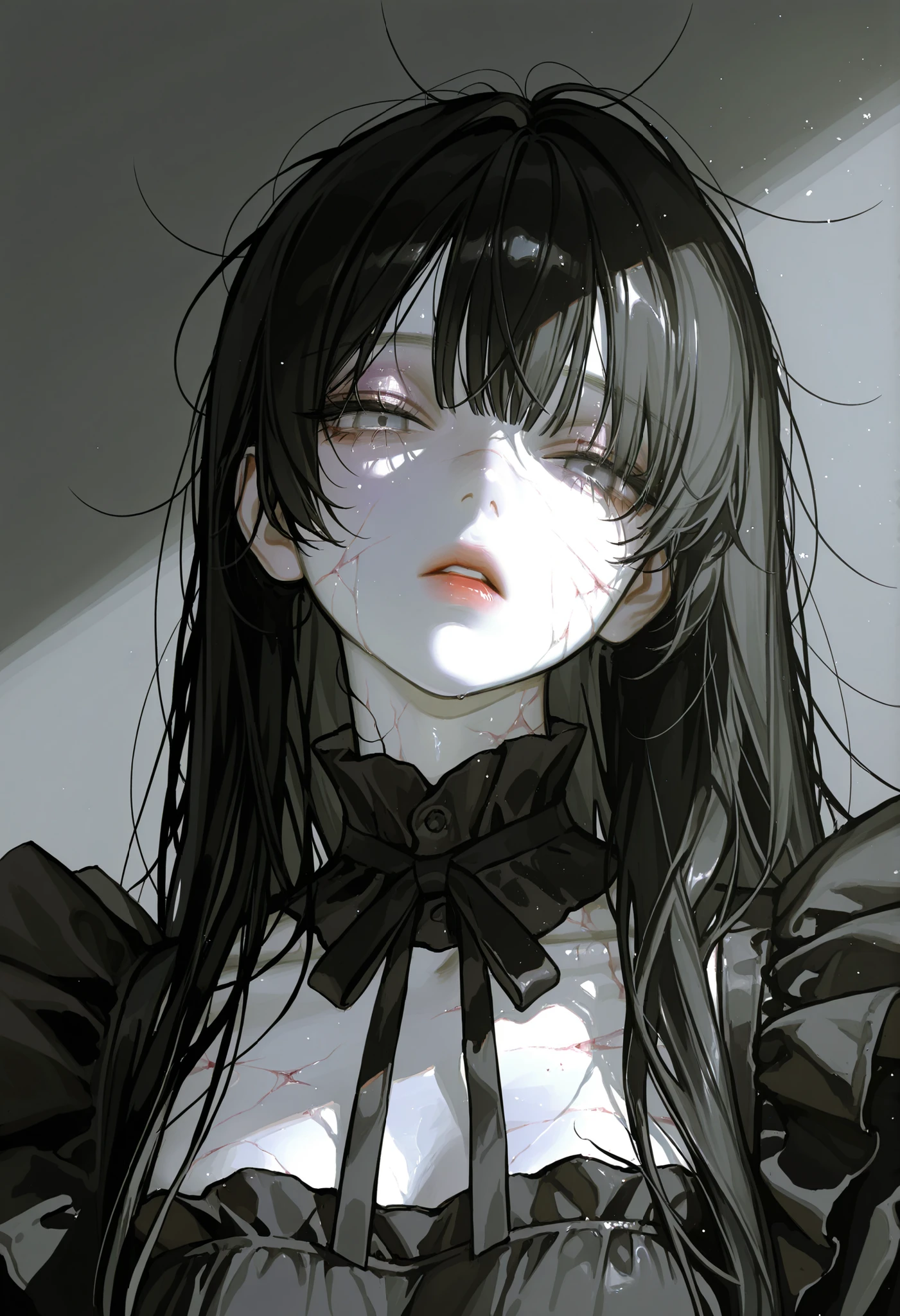 masterpiece, best quality, ultra high res, 1girl, abstract art, visually stunning, dark beautiful, dark emotional, 1girl, aged_up, solo, looking at viewer, yoru, scar on face, ((ringed eyes:1.2)), black hair, long hair, black ribbon, pinafore dress, black pinafore dress, upper-body, arms behind back, emotionless, ((black_feathers_chaos background:1.2)), black quills chaos, serious, black feathers chaos, portrait, dark light, looks at the viewer, arms behind back, upper-body