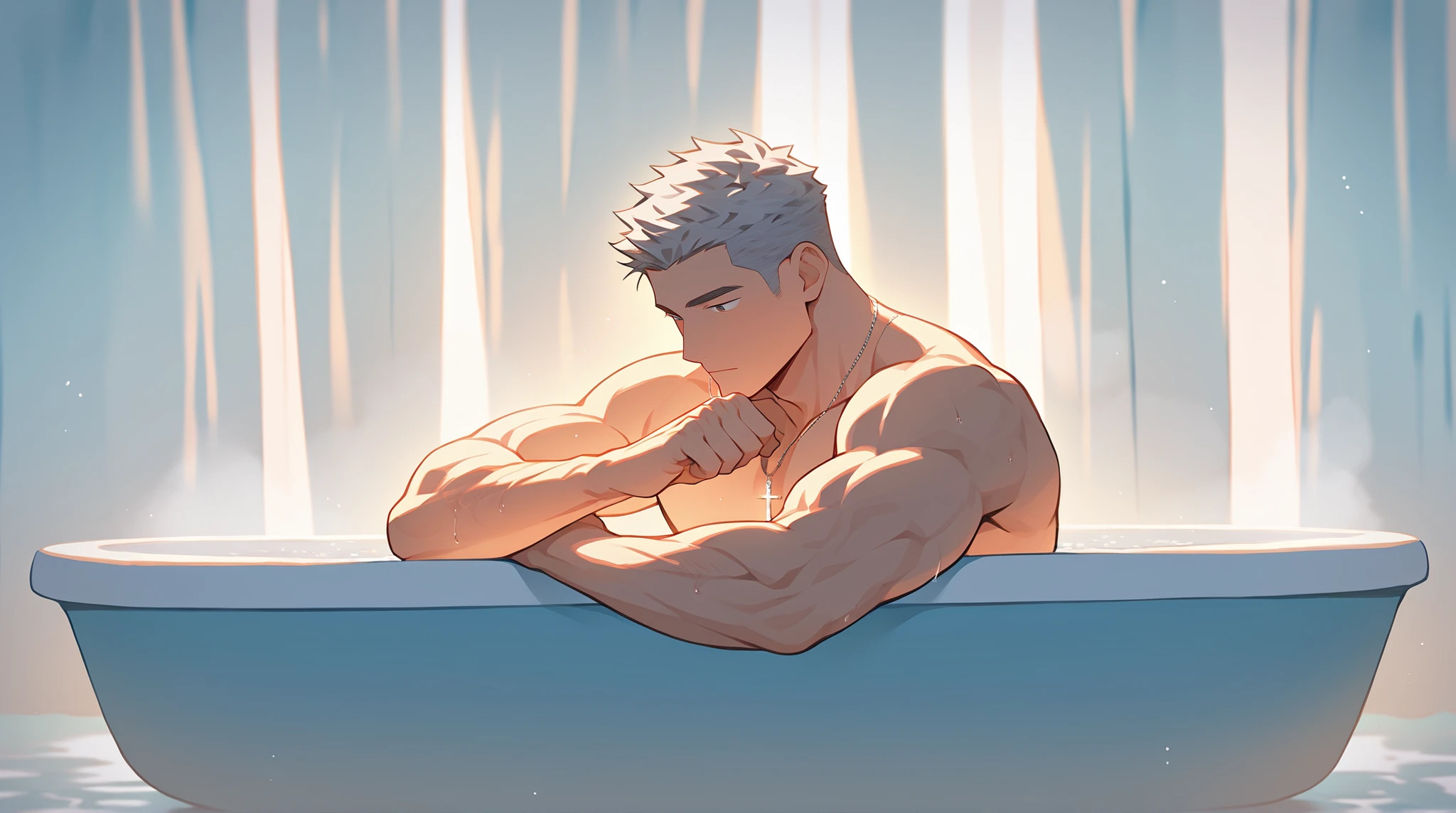 A middle-aged fat man，bath，public bathing pool，contour，indoor，black hair，buzz clip，close eyes，no beard，steam