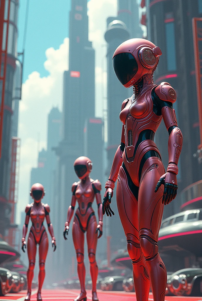 a woman with a helmet standing in front of a group of mannequins, cyberpunk art by Jim Burns, cgsociety, retrofuturism, daz3d, ps1 graphics, dystopian art
